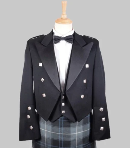 Traditional Scottish Black Prince Charlie Jacket with Three Button Vest