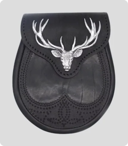 Black Stag Head Leather Sporran