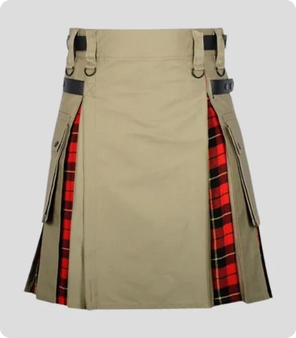 Khaki Cotton Wallace Tartan Scottish Utility Cargo Hybrid Kilt