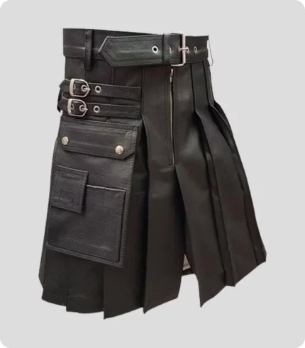 Men Genuine Black Leather Gladiator Pleated Utility LARP Kilt