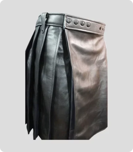 Pleated Black Leather Kilt with Navy Highlights