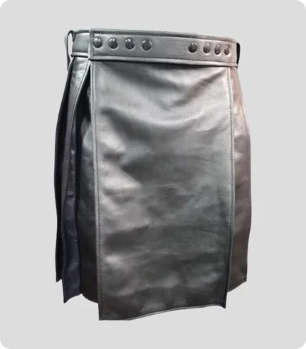 Pleated Black Leather Kilt with Navy Highlights